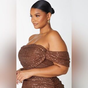 NWT PRETTY LITTLE THING PLUS CHOCOLATE SEQUIN BARDOT BODYCON DRESS